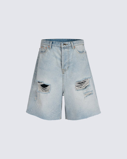 New Light Washed Distressed Denim Shorts