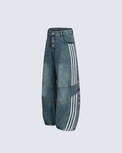 Striped Panel Wide-Leg Denim Pants