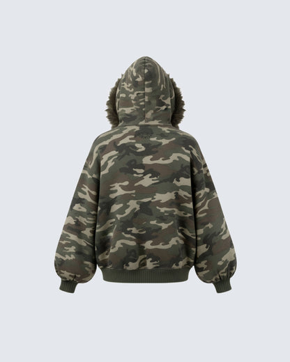 Camouflage  Fur Collar Cotton Jacket