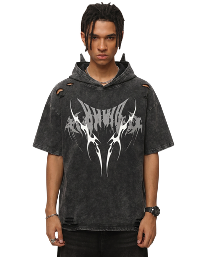 Distressed Urban Graphic Hoodie With Bat Ears