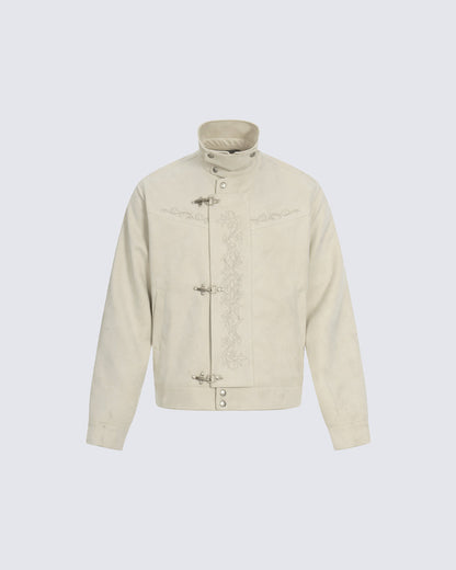 Stand Collar Buckle Embroidered Jacket