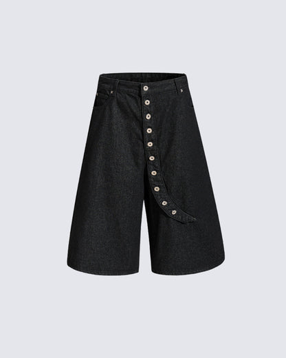 Button Detail Denim Wide  Loose Shorts