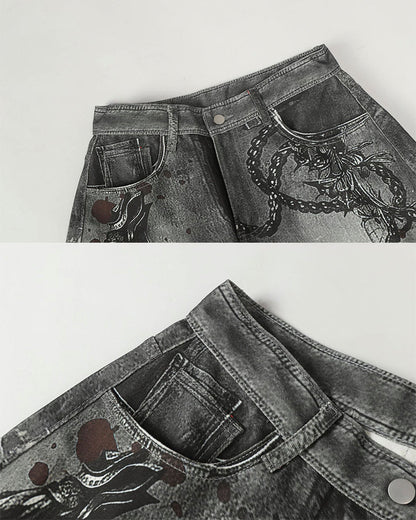 Graphic Print Wide-Leg Denim Jeans