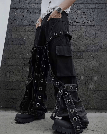 Punk Strap Eyelet Wide-Leg Cargo Pants