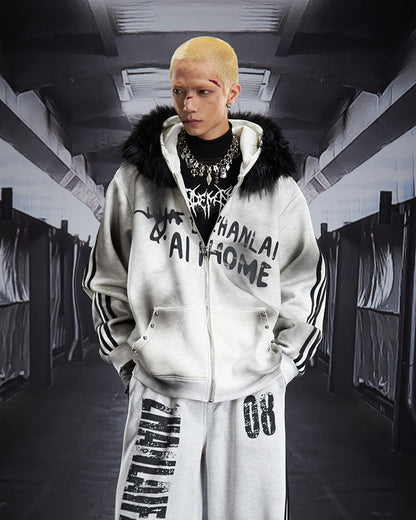 Gradient Faux Fur Hood Zip Hoodie