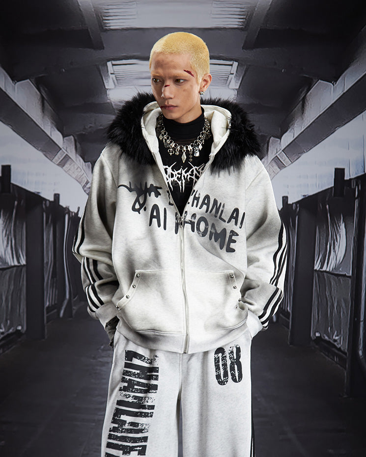 Gradient Faux Fur Hood Zip Hoodie