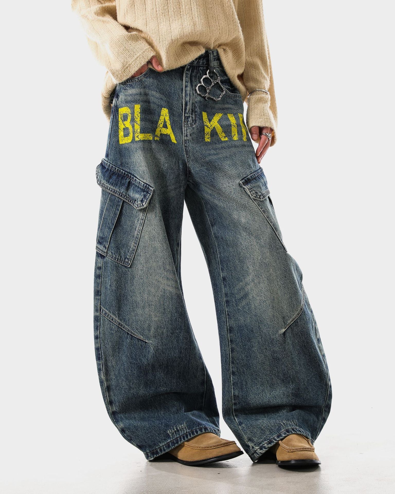 Retro Letter Print Wide-Leg Cargo Jeans