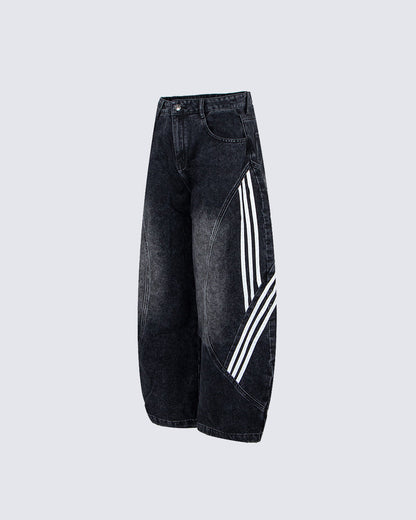 Striped Panel Washed Denim Pants