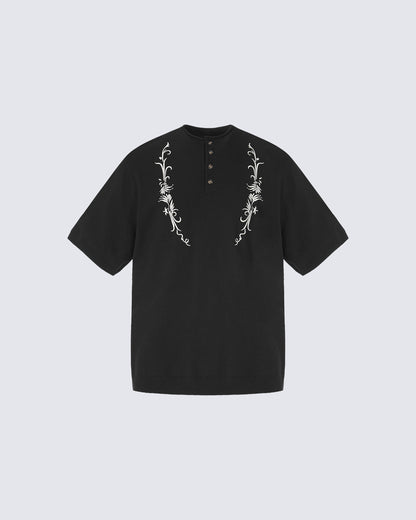 Vintage Embroidered Henley Short Sleeve Tee