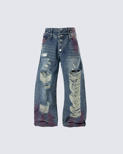 New Double Waist Spray Distressed Jeans