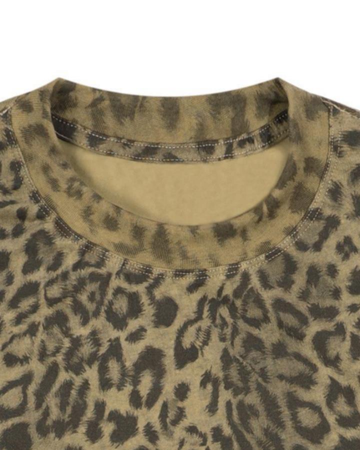 Vintage Leopard Print Crop Casual Tee