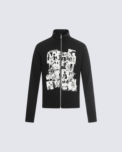 Ribbed Graphic Zip-Up Long Sleeve