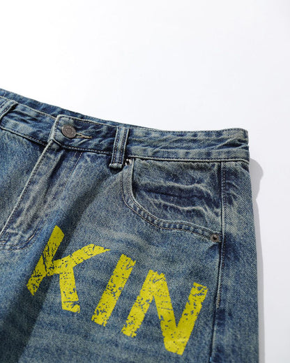 Retro Letter Print Wide-Leg Cargo Jeans