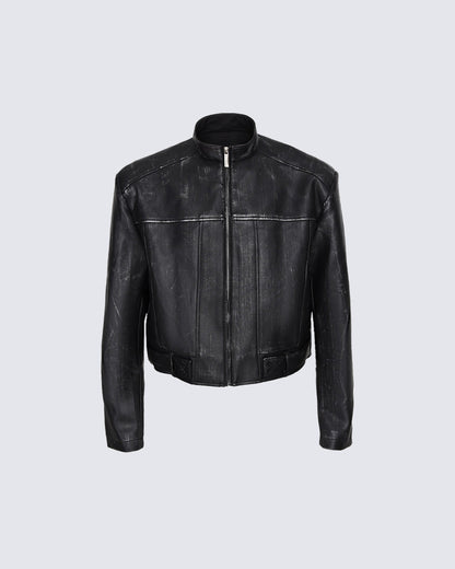 New PU Stand Collar Zip-Up Jacket