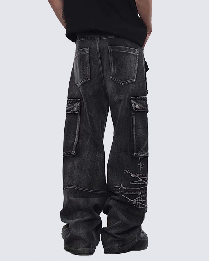 Distressed Black Cargo Pants with Multiple Pockets
