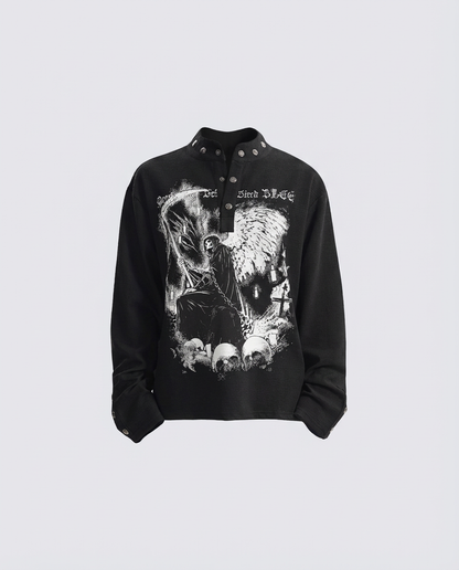 Street Printed Stand Collar Long Sleeve Polo Shirt