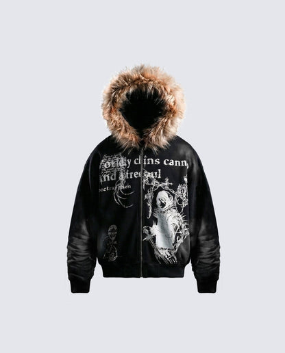 Vintage Zipper Faux Fur Hoodie