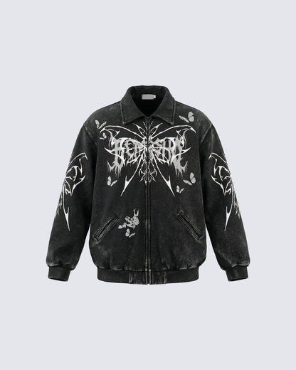Retro Butterfly Graphic Zip-Up Jacket