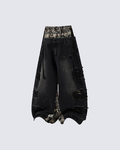 Hip-Hop Patchwork Plaid Layered Denim Pants