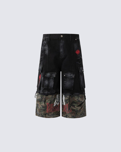New Patchwork Camo Denim Cargo Shorts