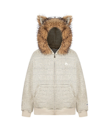 Autumn/Winter Striped Furry-Ear Hoodie