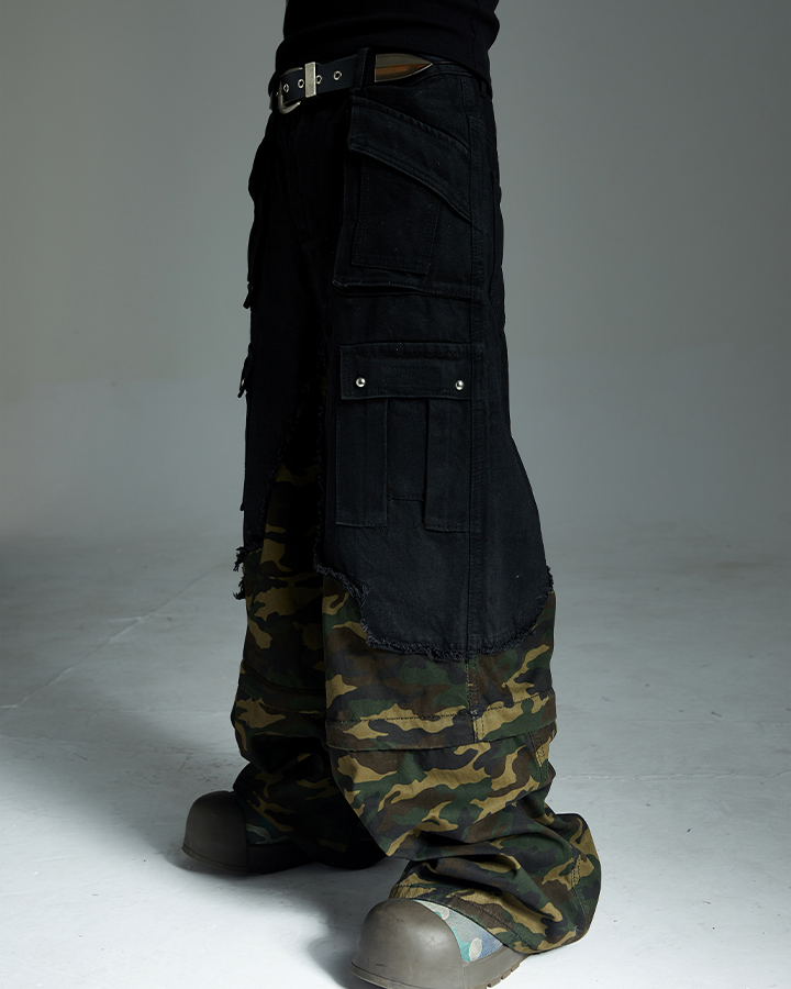 Black and Camo Distressed Cargo Pants