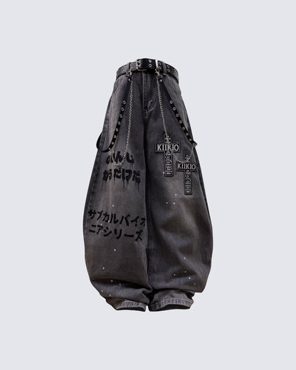Punk Washed Denim Wide-Leg Pants