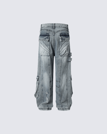 Distressed Denim Cargo Pants - Bold and Trendy