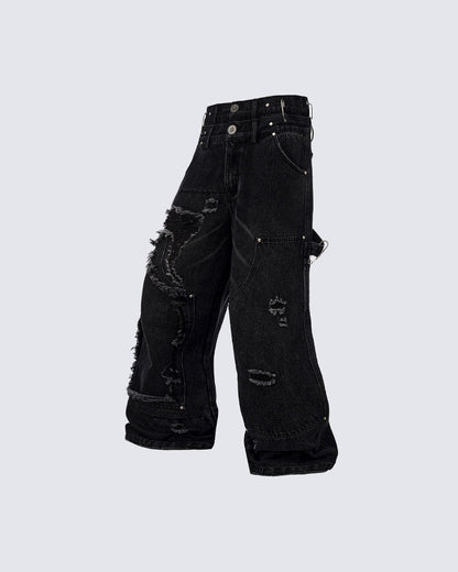 Double-Waist Heavy Patchwork Denim Pants
