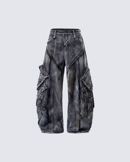 Heavy Washed Ink-Splatter Deconstructed Denim Jeans