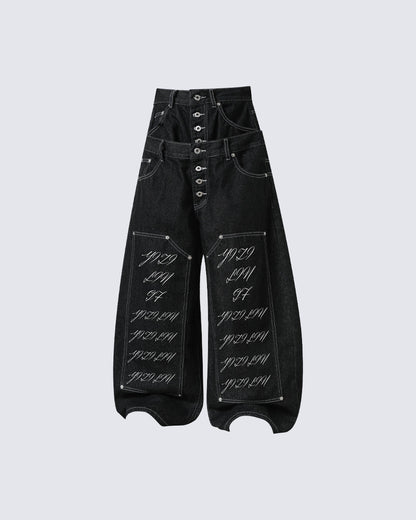 Double Waist Script Denim Pants