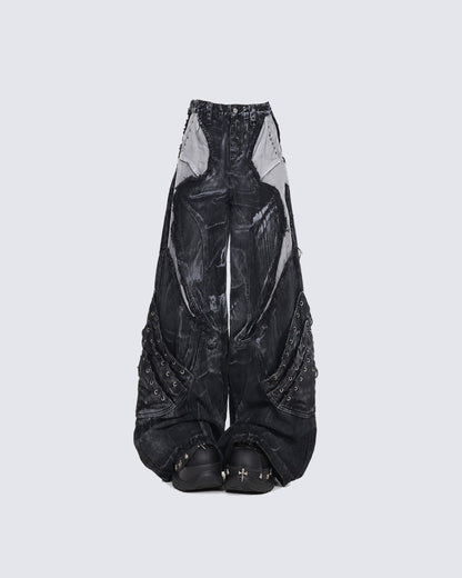 Vintage Washed Patchwork Lace-Up Wide Jeans
