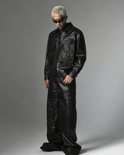 Faux Leather Jacket with Spiderweb Panels
