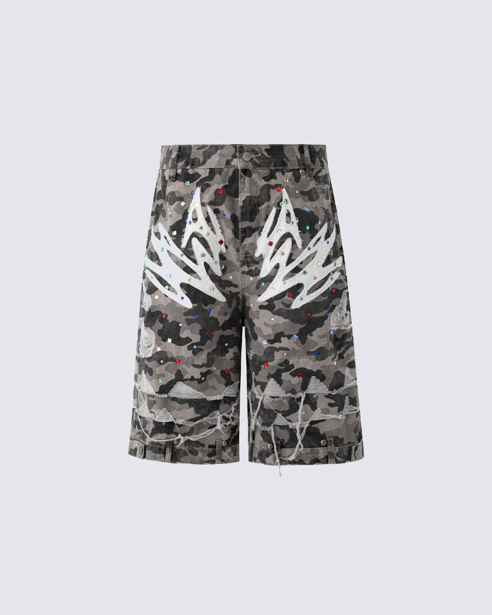 Camo Print Distressed Cargo Shorts