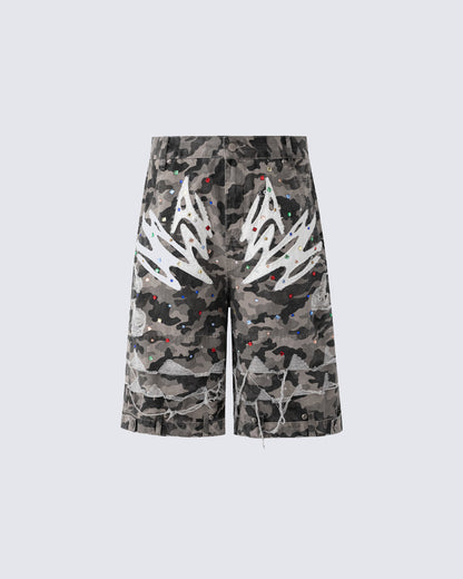 Camo Print Distressed Cargo Shorts