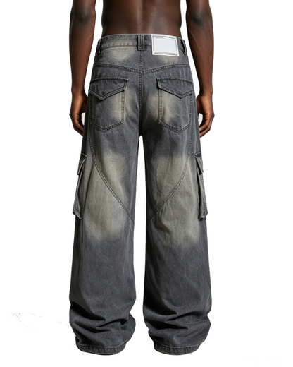 American-Style Distressed Vintage Washed Multi-Pocket Wide-Leg Jeans