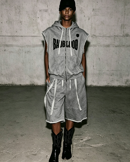 Vintage Washed Sleeveless Zip Hoodie Vest