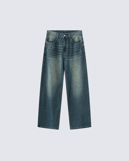 Vintage Wide-Leg Denim Pants – Streetwear Style with Faded Wash and Relaxed Fit